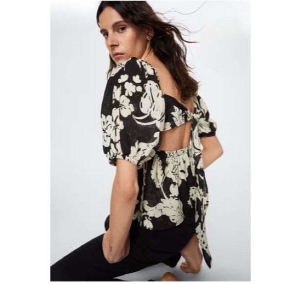 Mango black/ivory puff sleeve open back floral top - Picture 3 of 11